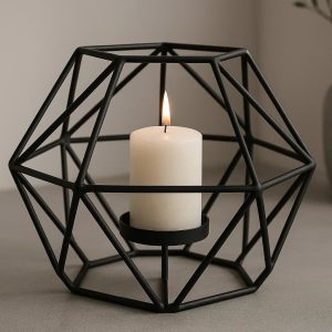 11 Matte Black Geometric Candle Holder for Modern Table Centerpiece