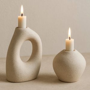 18 Set of Two Asymmetric Stoneware Candle Holders for Organic Modern Style