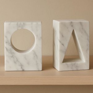 Set of Two Marble Bookends with Geometric Cutouts for Living Room Shelf