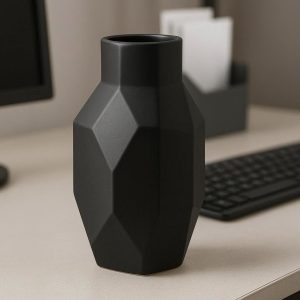 Modern Geometric Ceramic Vase with Matte Black Finish for Office Desk