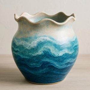 7 Ceramic Vase with Wavy Rim and Sea Inspired Glaze for Coastal Decor